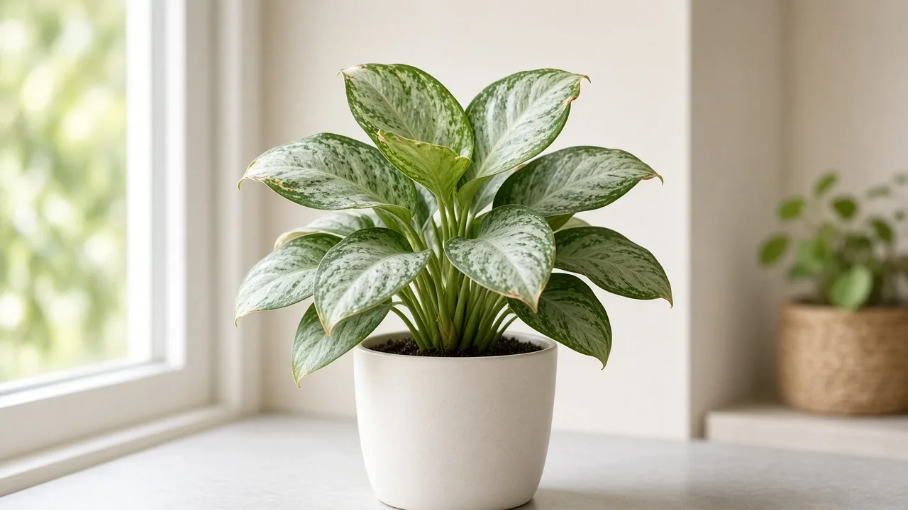 Calcium deficiency on Aglaonema Silver Bay - cupped new wide silver-splashed leaf at the crown flush