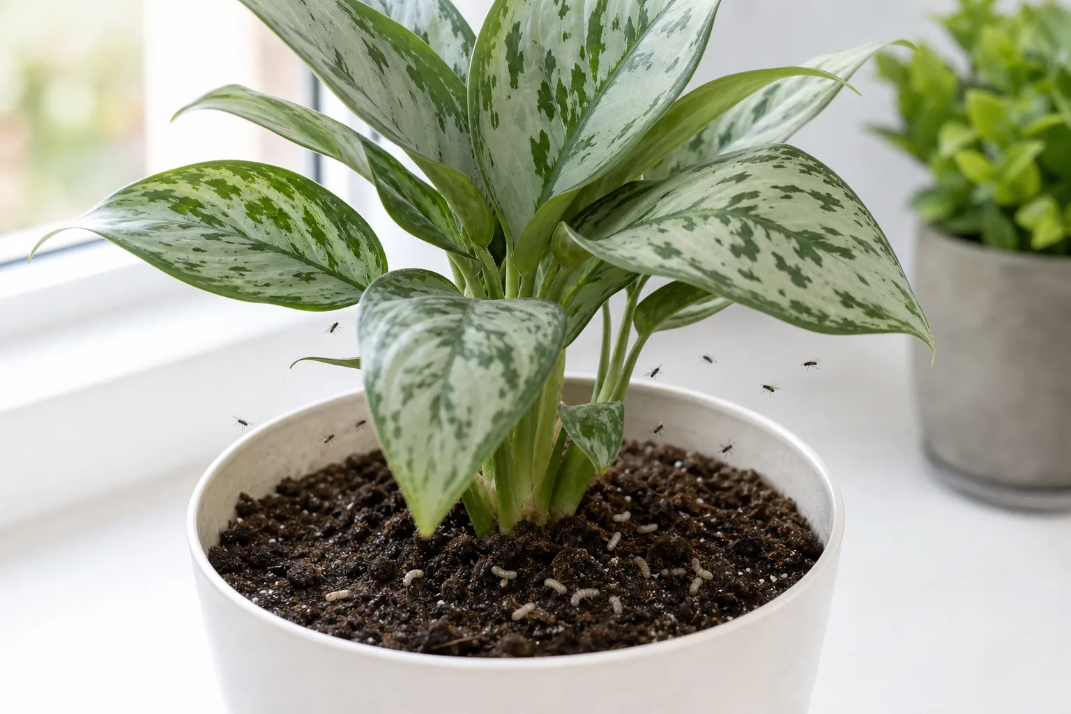 Fungus Gnats on Aglaonema Silver Bay - visible symptom on the plant