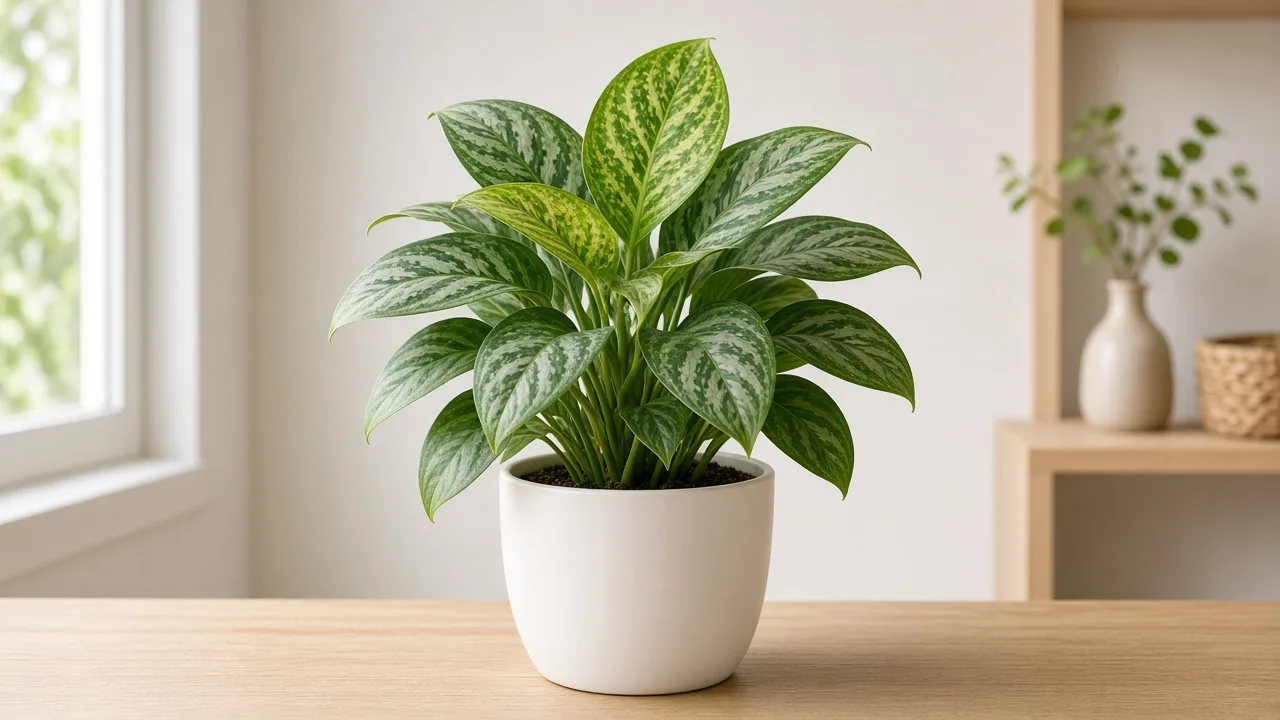 Iron deficiency on Aglaonema Silver Bay - pale new broad leaf with green veins at the crown flush