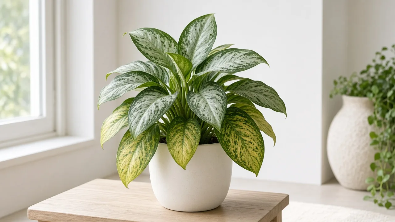 Magnesium deficiency on Aglaonema Silver Bay - yellow between green veins on older lower broad splash leaves
