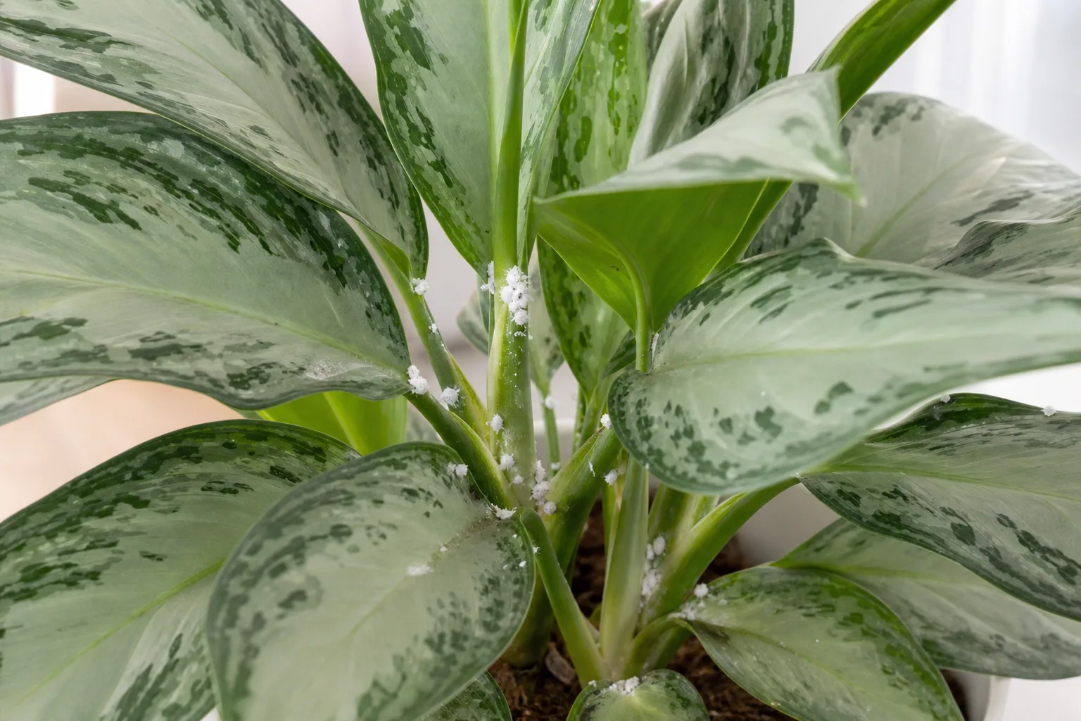 Mealybugs on Aglaonema Silver Bay - white cottony wax clusters in the crown and leaf axils