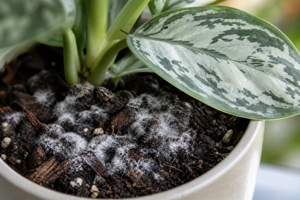 Close-up of Mold on Soil on Aglaonema Silver Bay - diagnostic detail