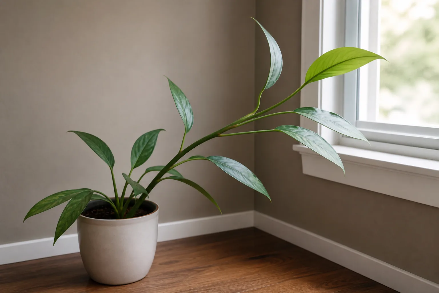 Not enough light on Aglaonema Silver Bay - elongated stems, dull silver centers, and lean toward the window
