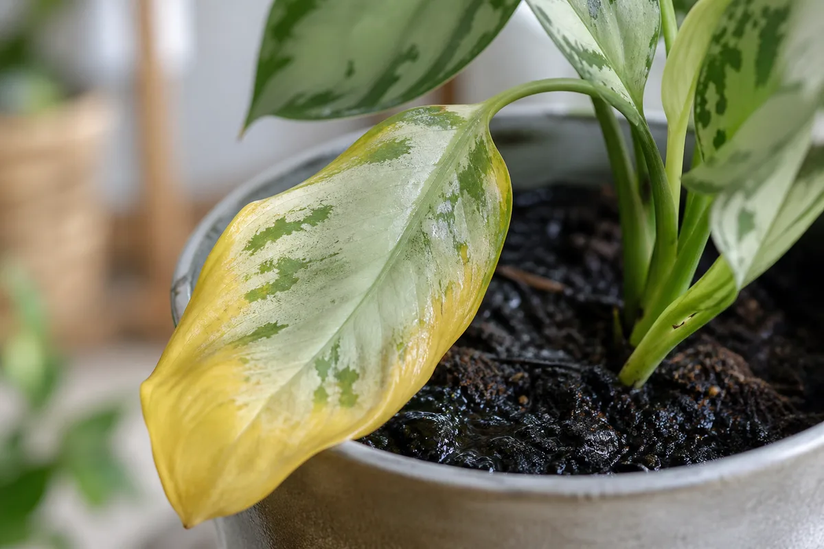 Close-up of Overwatering on Aglaonema Silver Bay - diagnostic detail