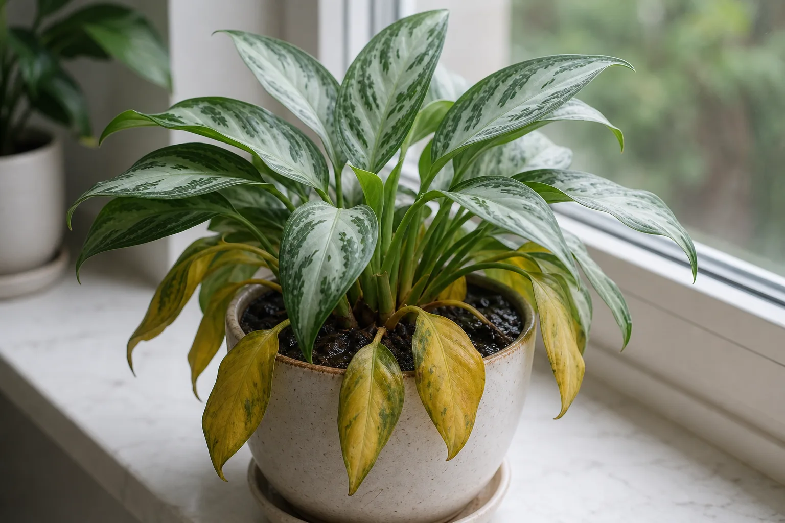 Overwatering on Aglaonema Silver Bay - visible symptom on the plant