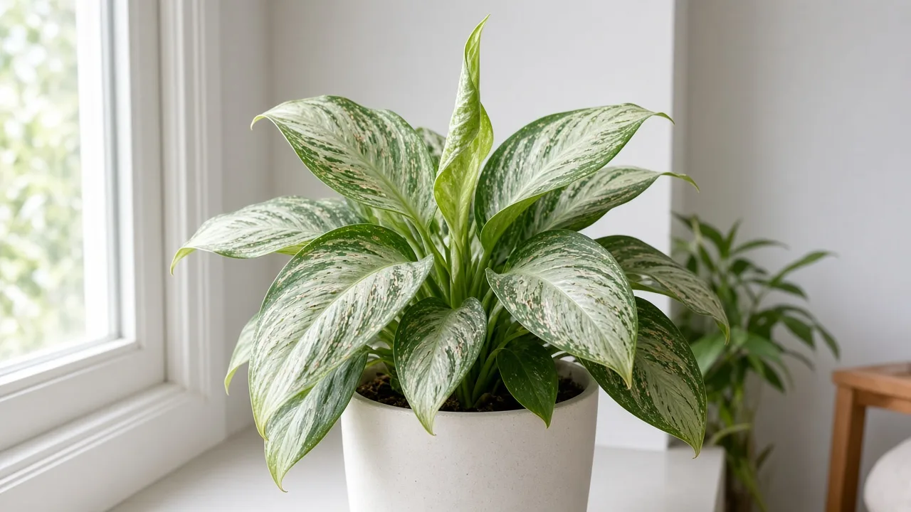 Thrips on Aglaonema Silver Bay - silvery streaks on broad silver-variegated leaves