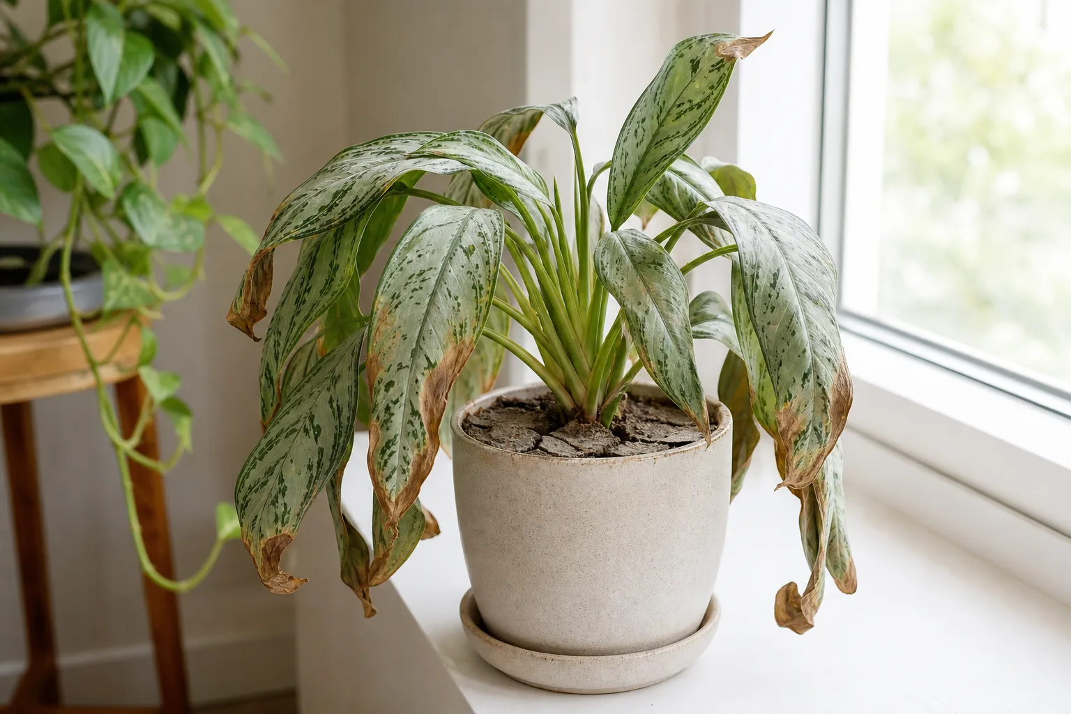 Underwatering on Aglaonema Silver Bay - visible symptom on the plant