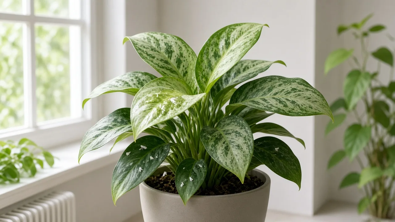 Whiteflies on Aglaonema Silver Bay - tiny white insects on broad silver-green leaf undersides