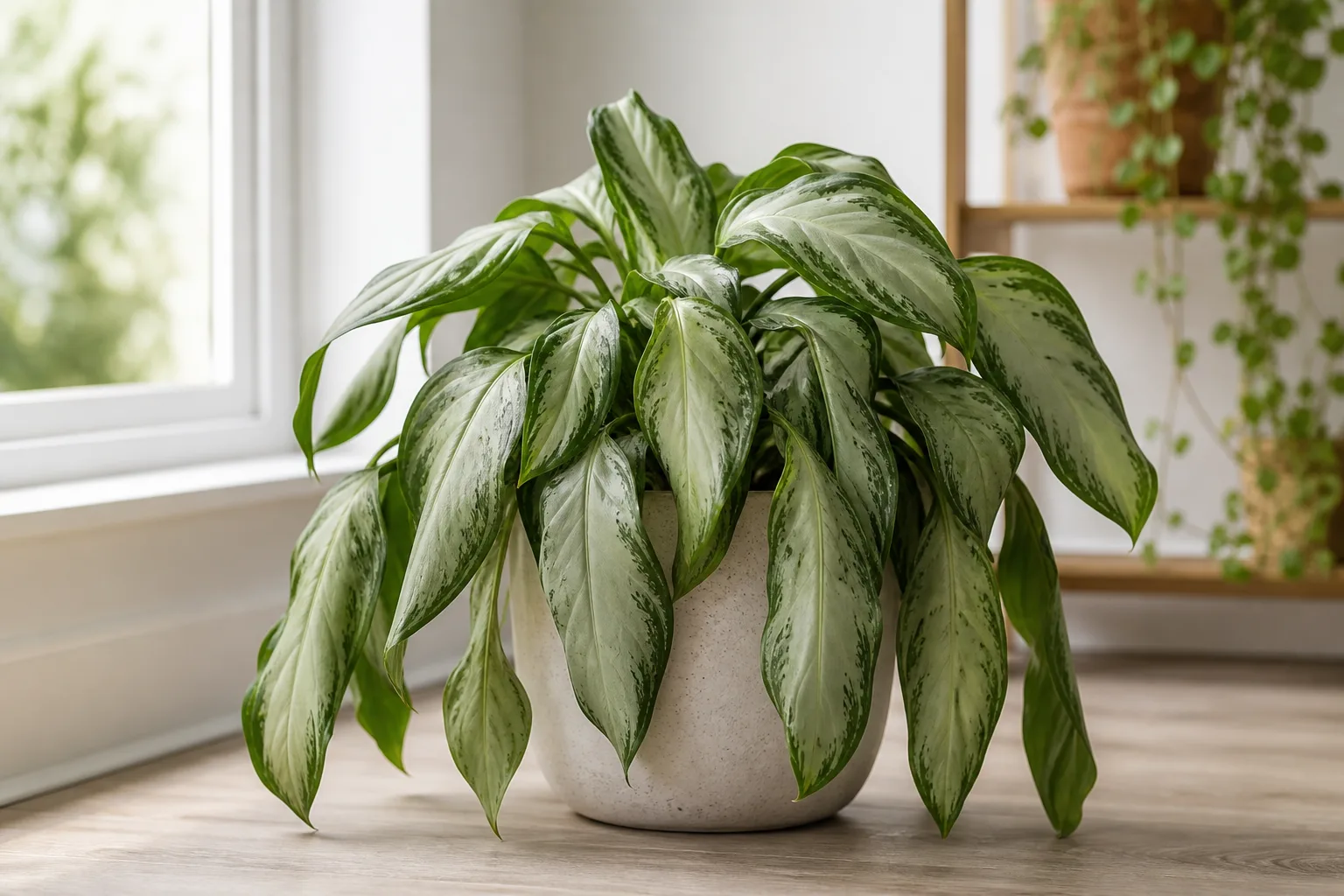 Wilting on Aglaonema Silver Bay with limp broad silver-centered leaves