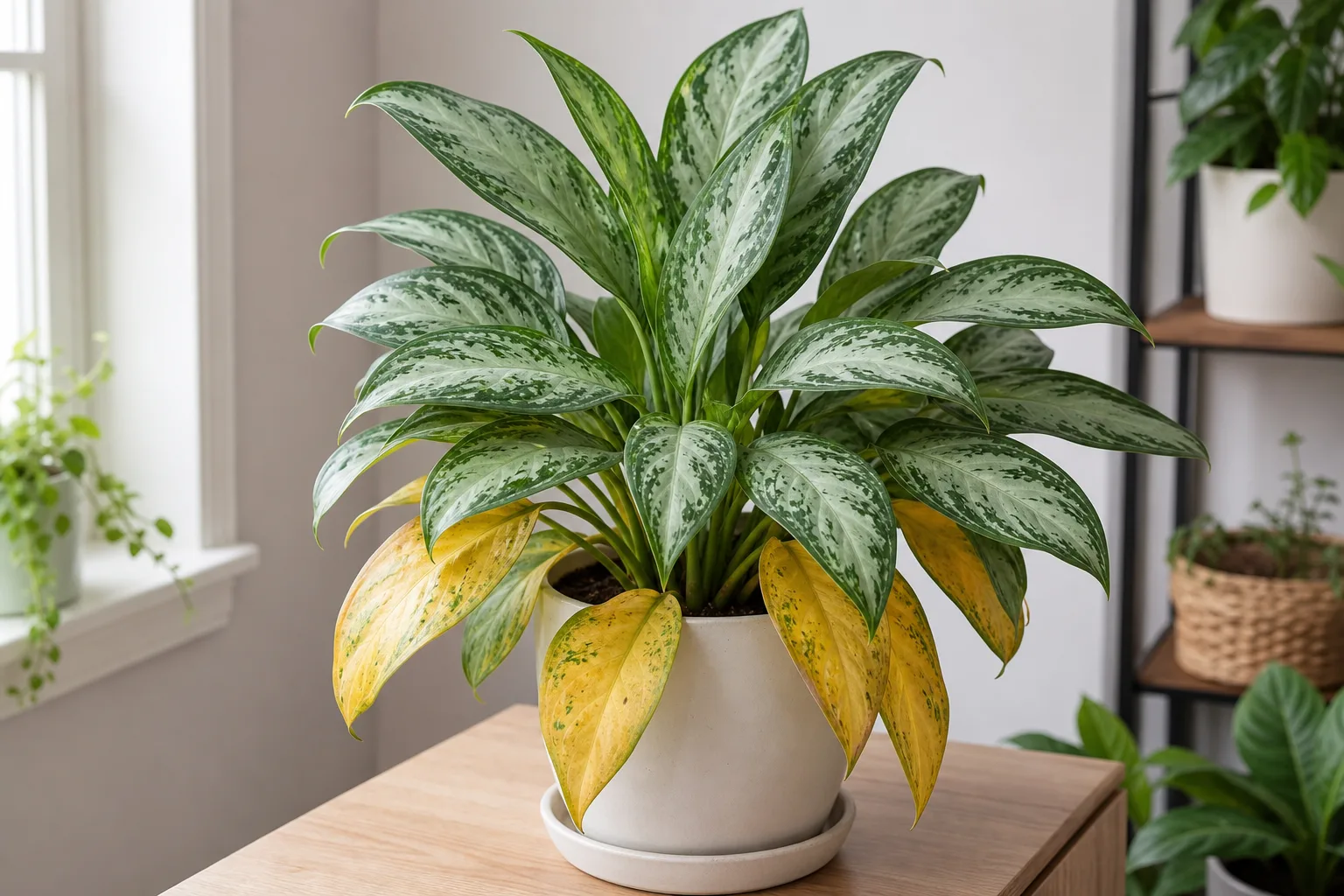 Yellow Leaves on Aglaonema Silver Bay - visible symptom on the plant