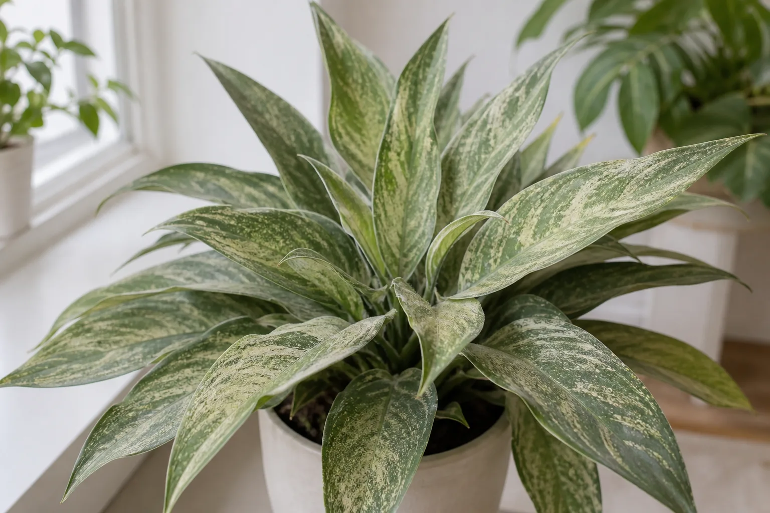 Spider mites on Aglaonema - fine stippling and dull patches on variegated Chinese evergreen leaves