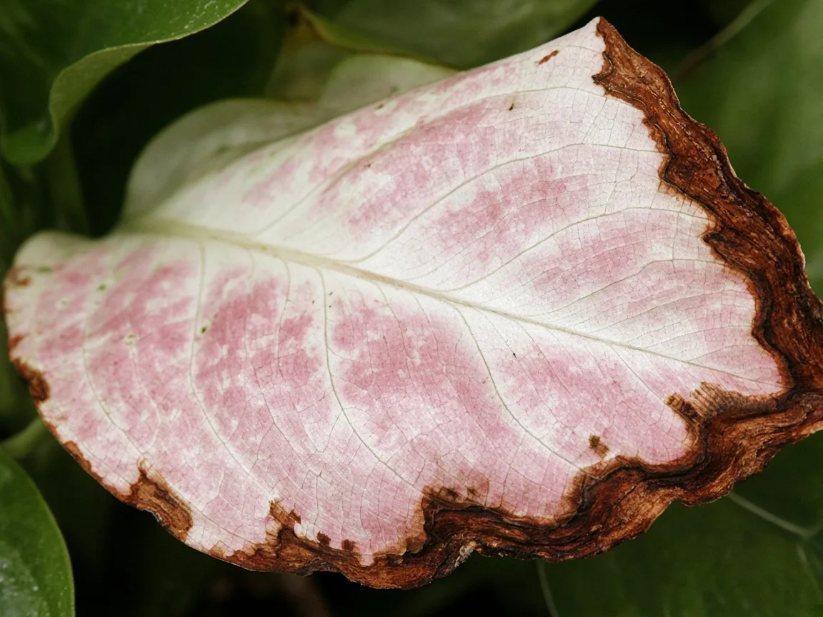 Close-up of brown leaves on Aglaonema Super White — necrotic margin on variegated blade