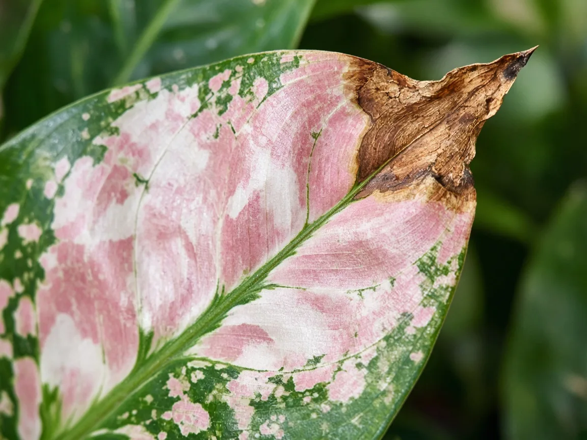 Close-up of dry brown tips on Super White variegated leaves