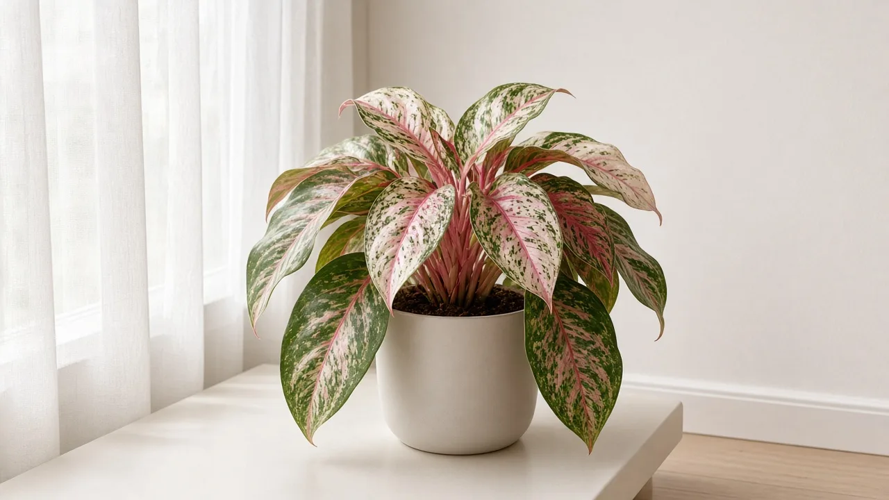 Drooping leaves on Aglaonema Super White - broad white-and-green variegated foliage hanging limp on a Chinese evergreen