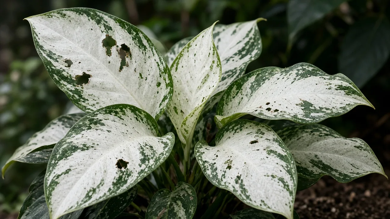 Holes In Leaves on Aglaonema Super White - visible symptom on variegated Chinese evergreen foliage