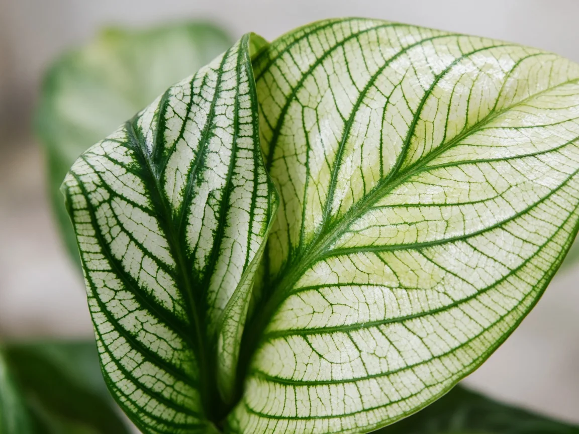 Close-up of interveinal chlorosis on newest Super White crown leaf with green veins on pale yellow tissue