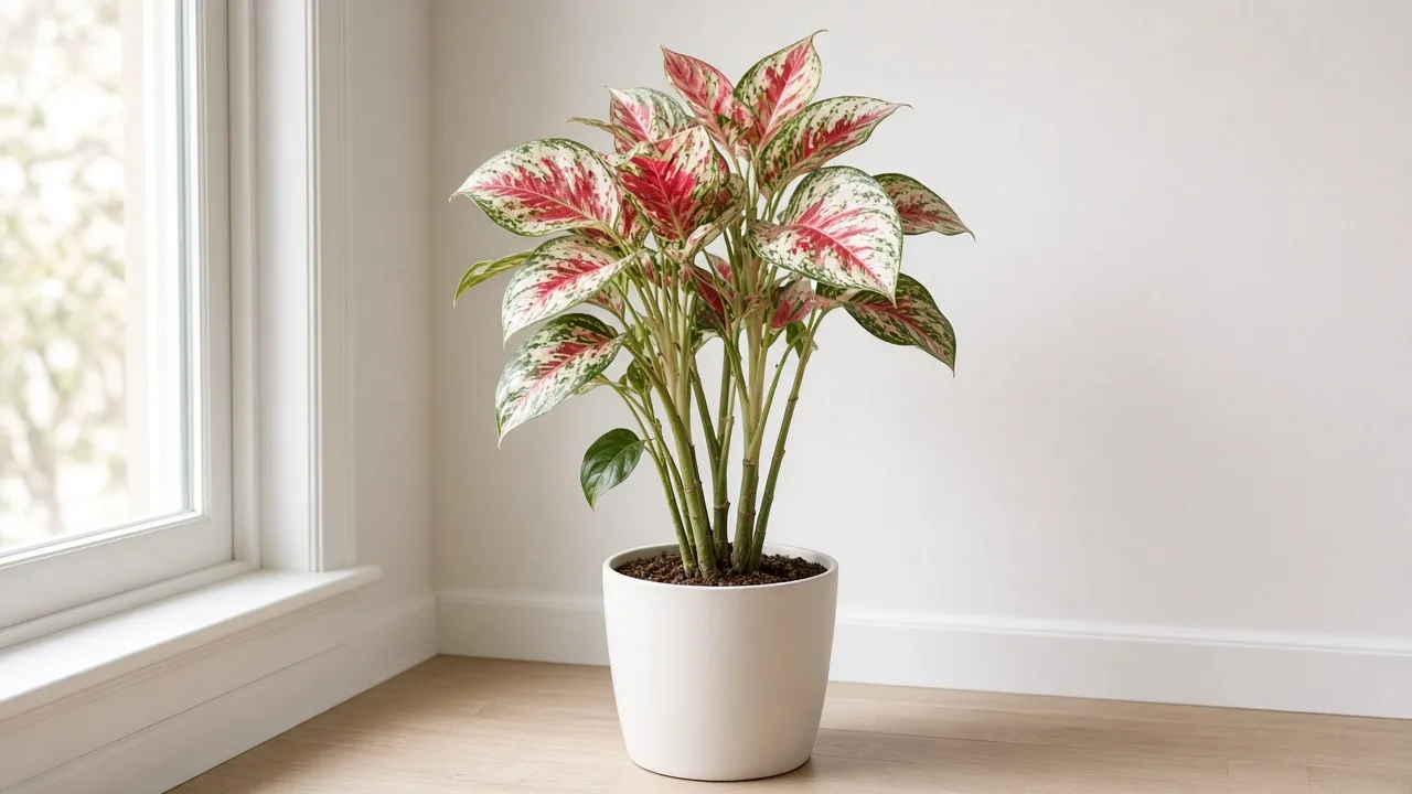 Leggy growth on Aglaonema Super White - tall upright clump leaning toward window with long bare petioles between rosy-white and green leaves