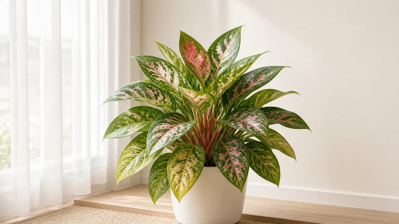 Magnesium deficiency on Aglaonema Super White - yellow between green veins on older lower variegated leaves