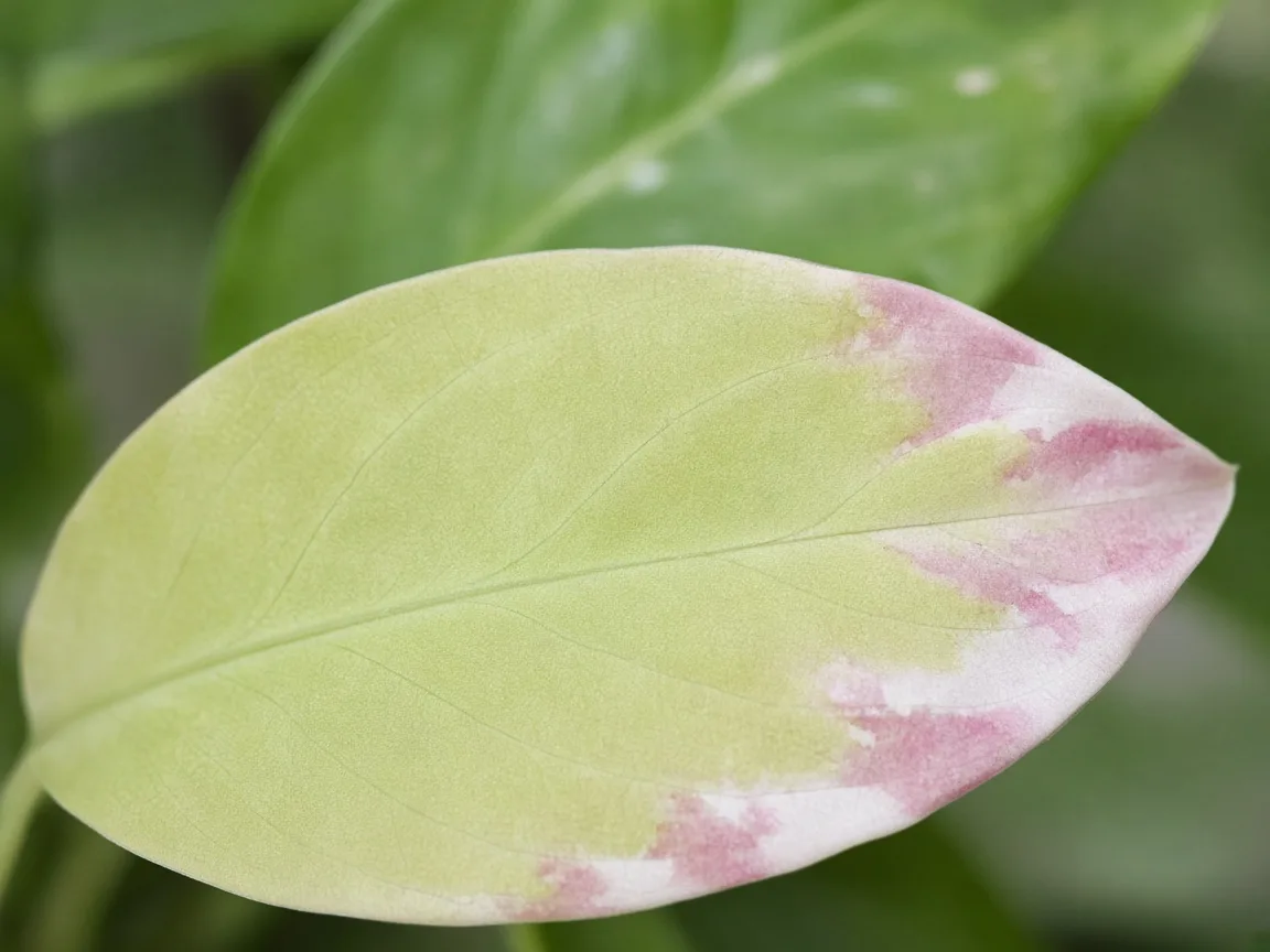 Close-up of nitrogen deficiency on Aglaonema Super White - uniform pale yellow-green on oldest lower broad leaf green zones