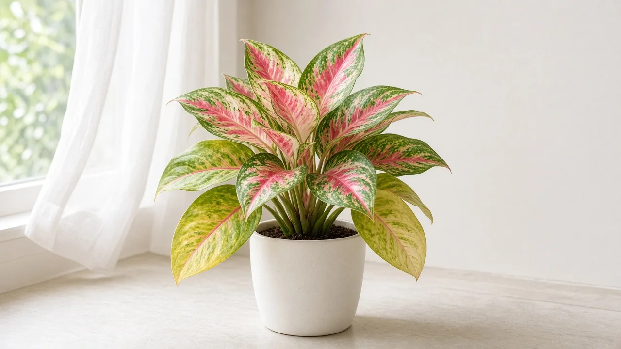 Nitrogen deficiency on Aglaonema Super White - oldest lower broad leaves uniformly pale yellow-green on white variegated Chinese evergreen