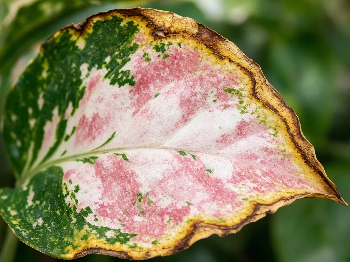 Close-up of yellow-tan scorch along the outer margin of an older Aglaonema Super White broad leaf with rosy-white and green variegation still visible in the interior tissue