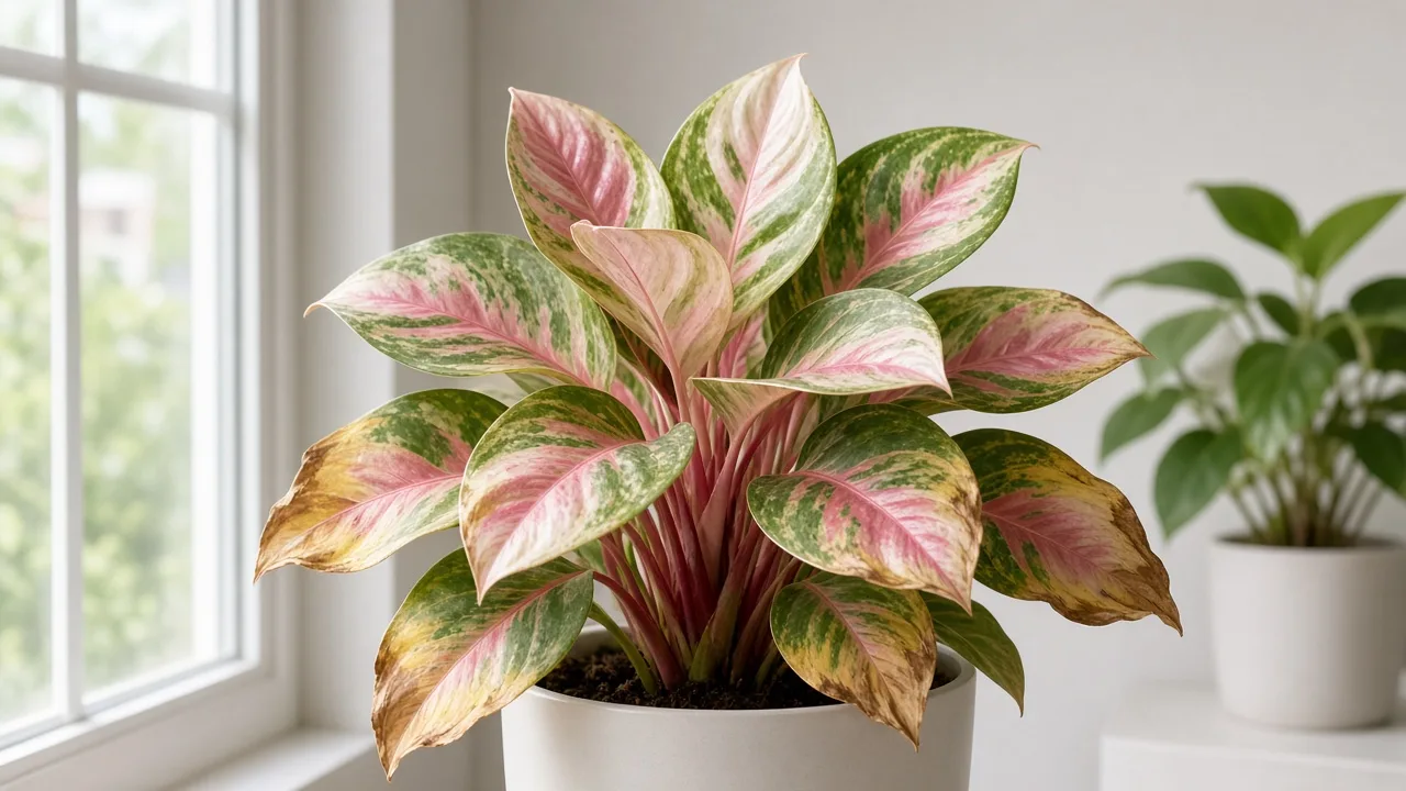 Potassium deficiency on Aglaonema Super White - scorched margins on older lower broad blades with rosy-white variegation
