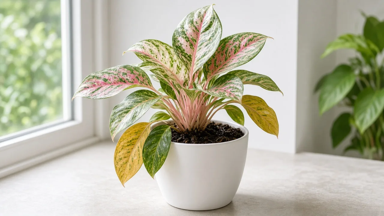 Root rot on Aglaonema Super White — yellowing lower white-splashed leaves on a heavy wet pot in dim light
