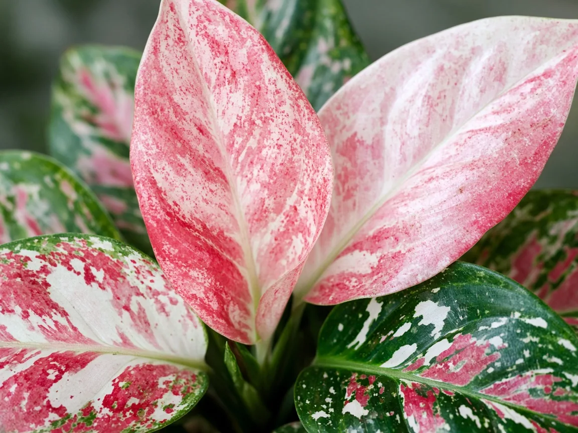 Close-up of Aglaonema Super White crown center with tight leaf spacing and no fresh white variegated blade emerging