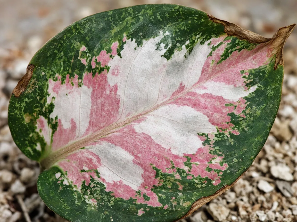 Close-up of crisp brown tips and cupped broad variegated leaves on Aglaonema Super White