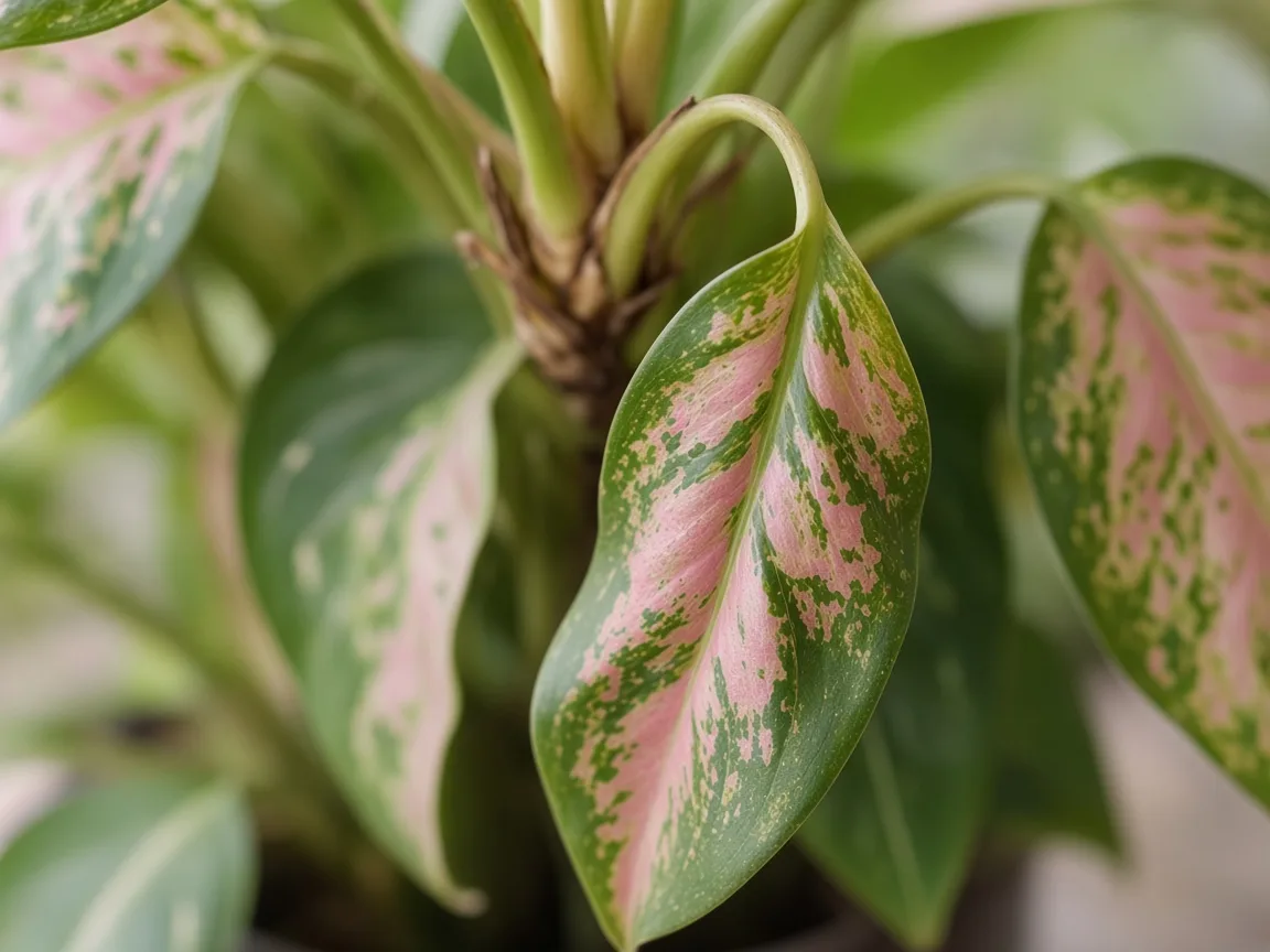 Close-up of wilting on Aglaonema Super White - limp collapsed petiole and drooping white-variegated leaf at the crown