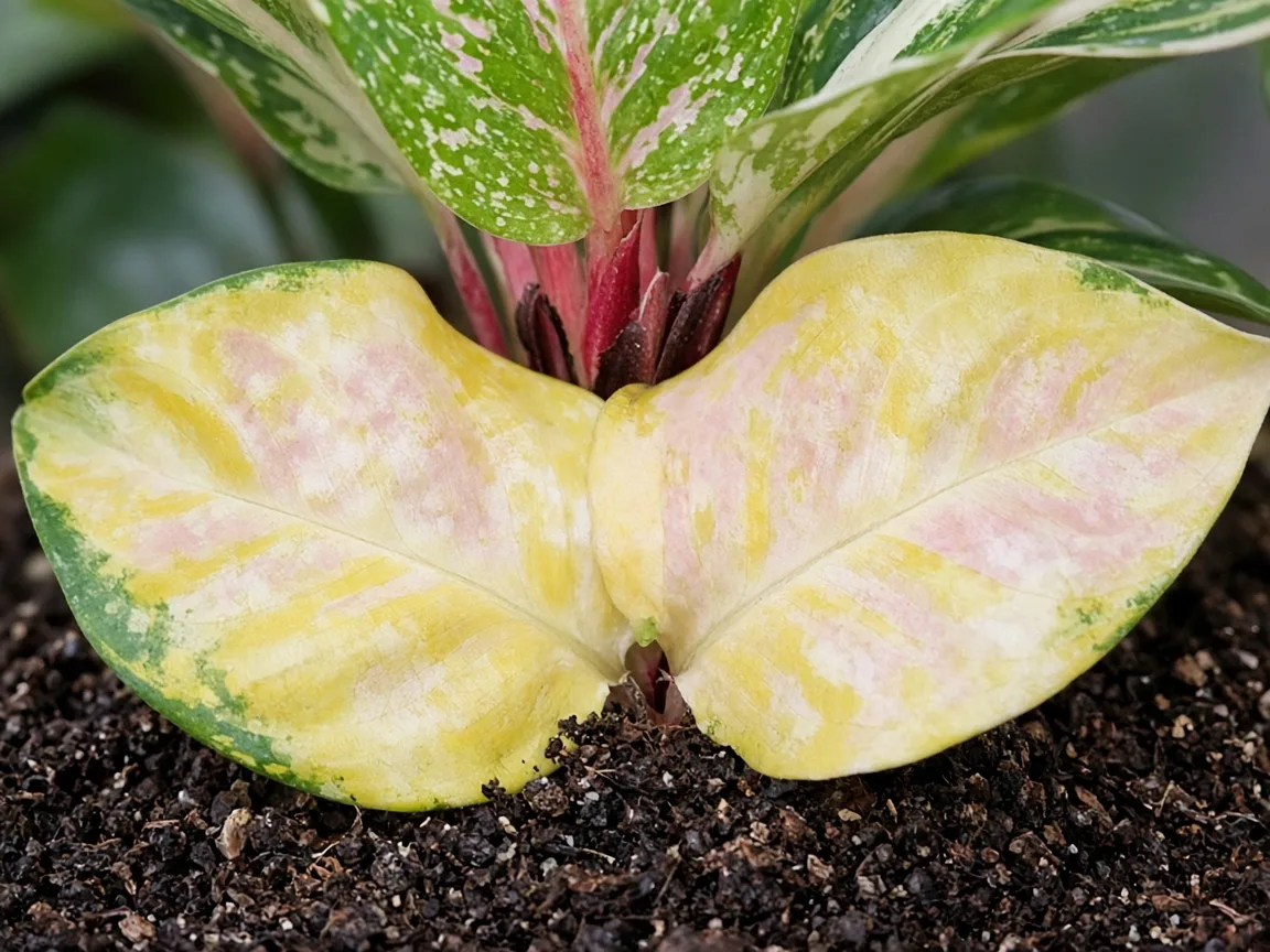 Close-up of yellow lower broad leaf with faded rosy-white zones on Aglaonema Super White