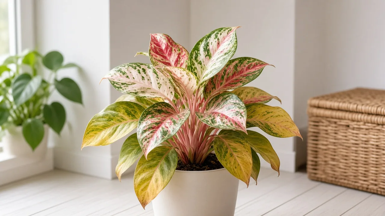 Yellow leaves on Aglaonema Super White - yellow lower broad leaves on a white-variegated Chinese evergreen in bright indoor light