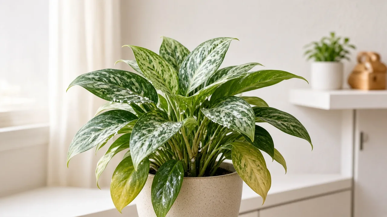Whiteflies on Aglaonema - tiny white insects on lance-shaped leaf undersides along a Chinese evergreen crown