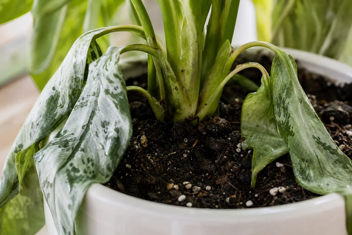 Close-up of wilting on Aglaonema - limp drooping lower leaves with faded variegation on damp potting mix