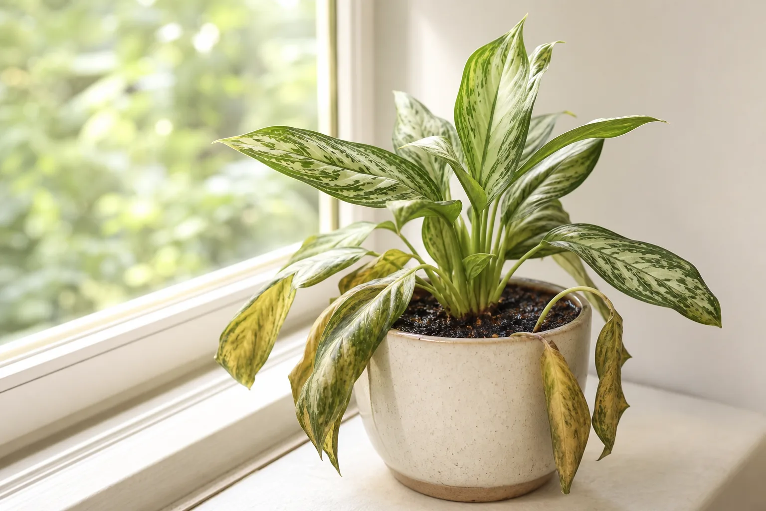 Wilting on Aglaonema - limp lower leaves on variegated Chinese evergreen with damp potting soil