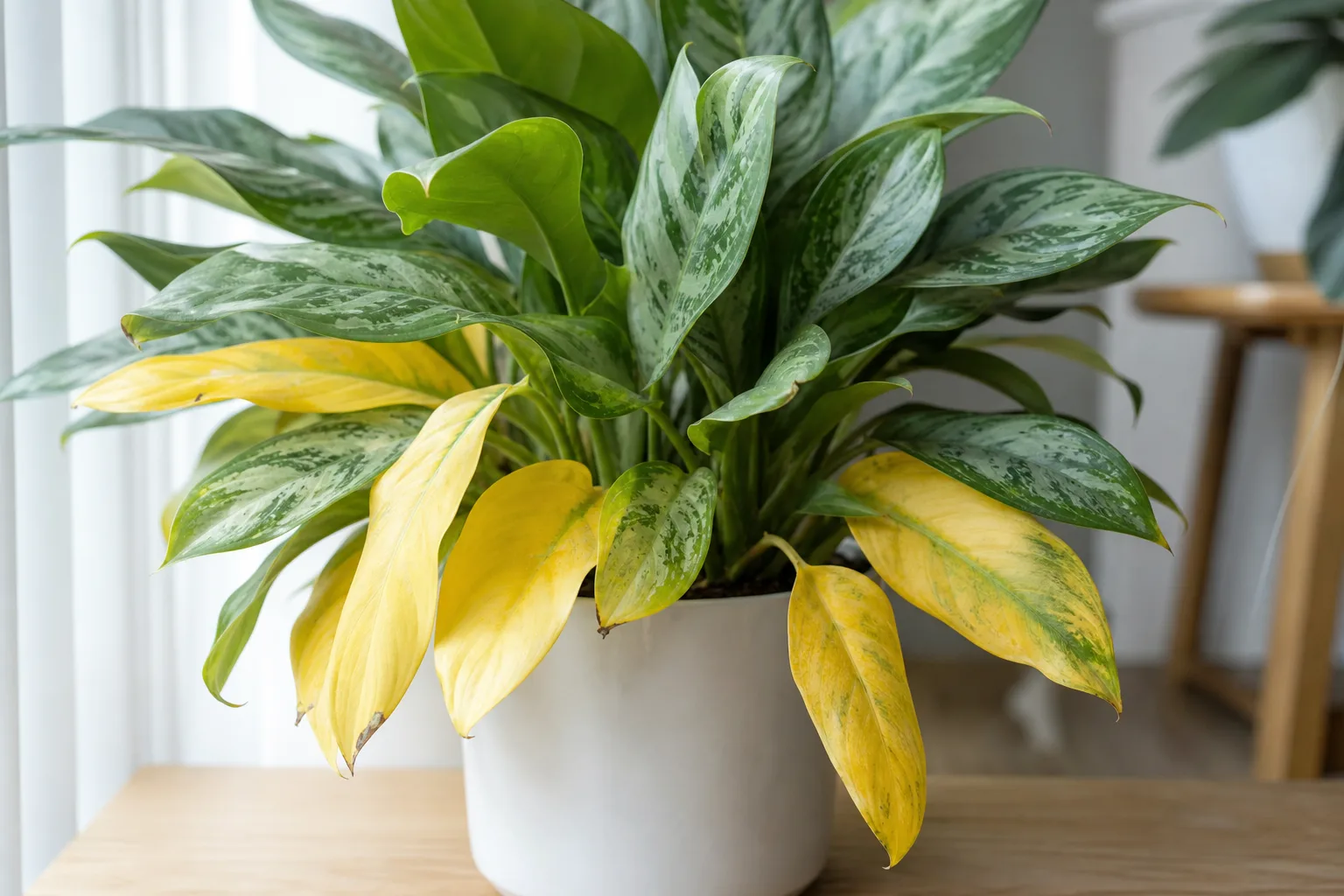 Yellow Leaves on Aglaonema - visible symptom on the plant
