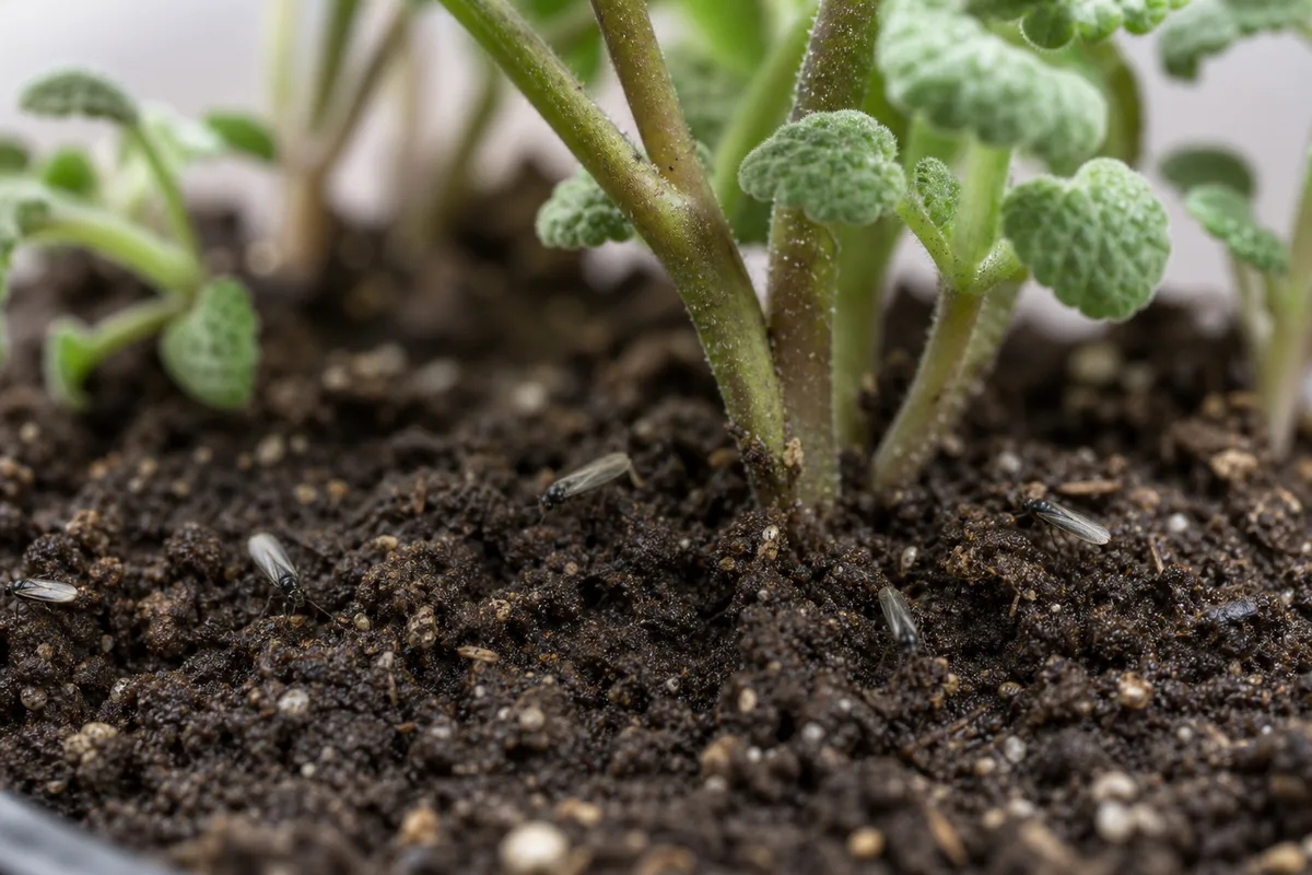 Close-up of Fungus Gnats on Ajwain Plant - diagnostic detail