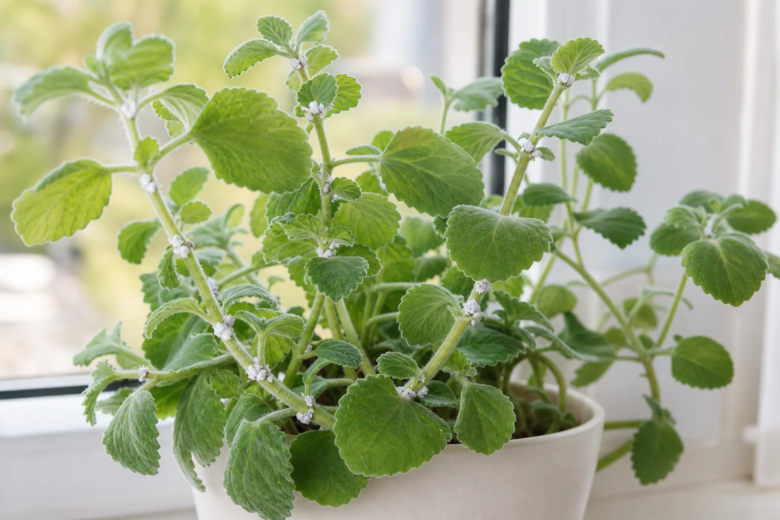 Mealybugs on Ajwain Plant - white cottony clusters at opposite leaf pairs along square stems