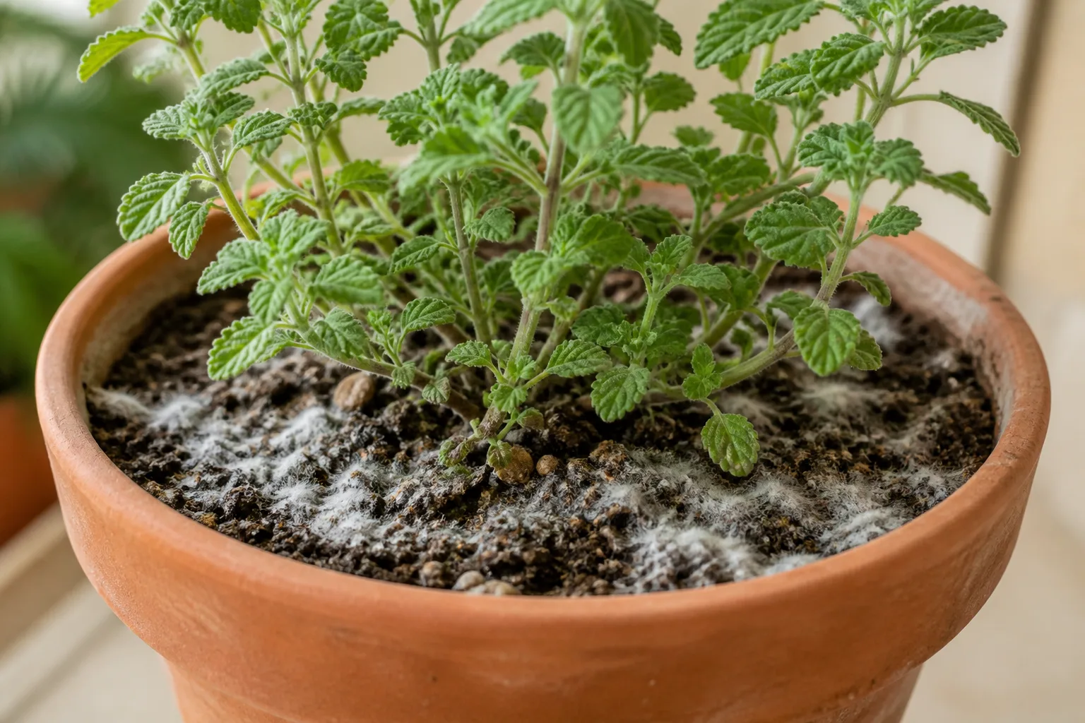 Mold on Soil on Ajwain Plant - visible symptom on the plant