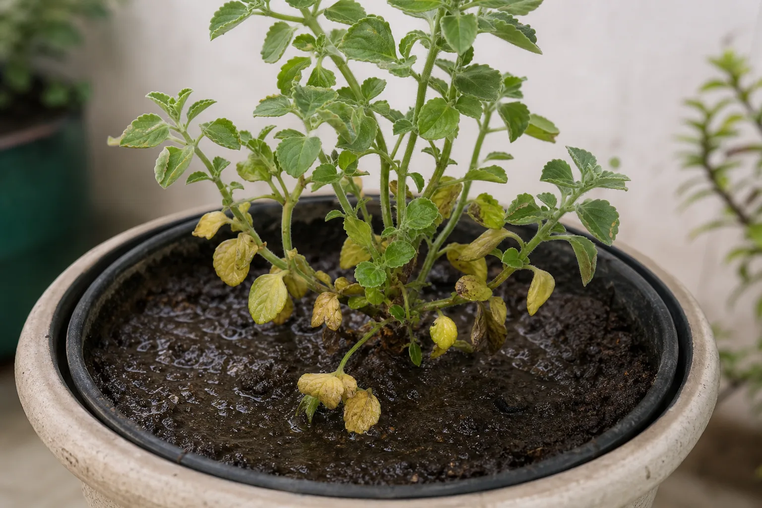 Overwatering on Ajwain Plant - visible symptom on the plant
