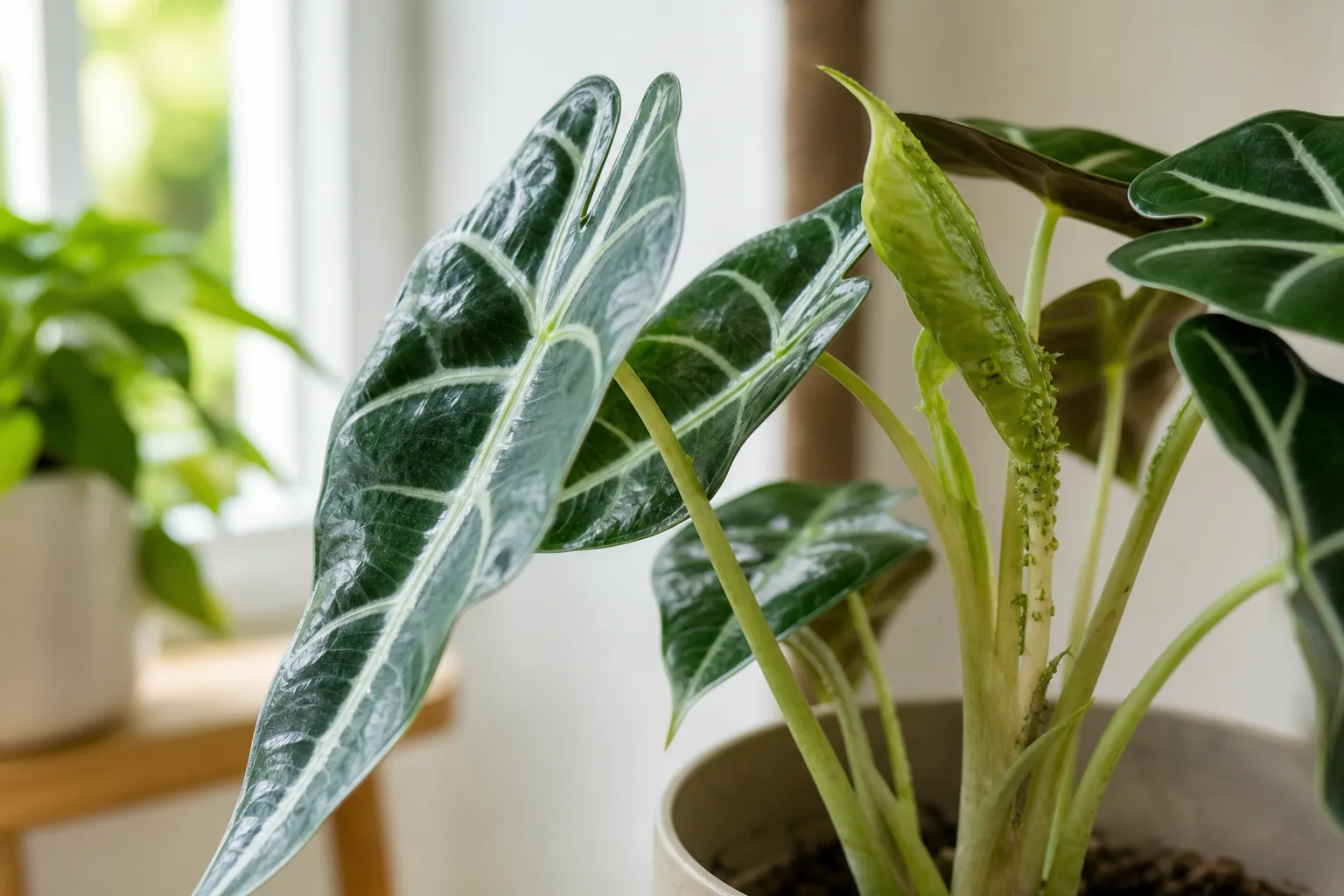 Aphids on Alocasia Amazonica - green pear-shaped insects on unfurling arrowhead leaves and sticky honeydew
