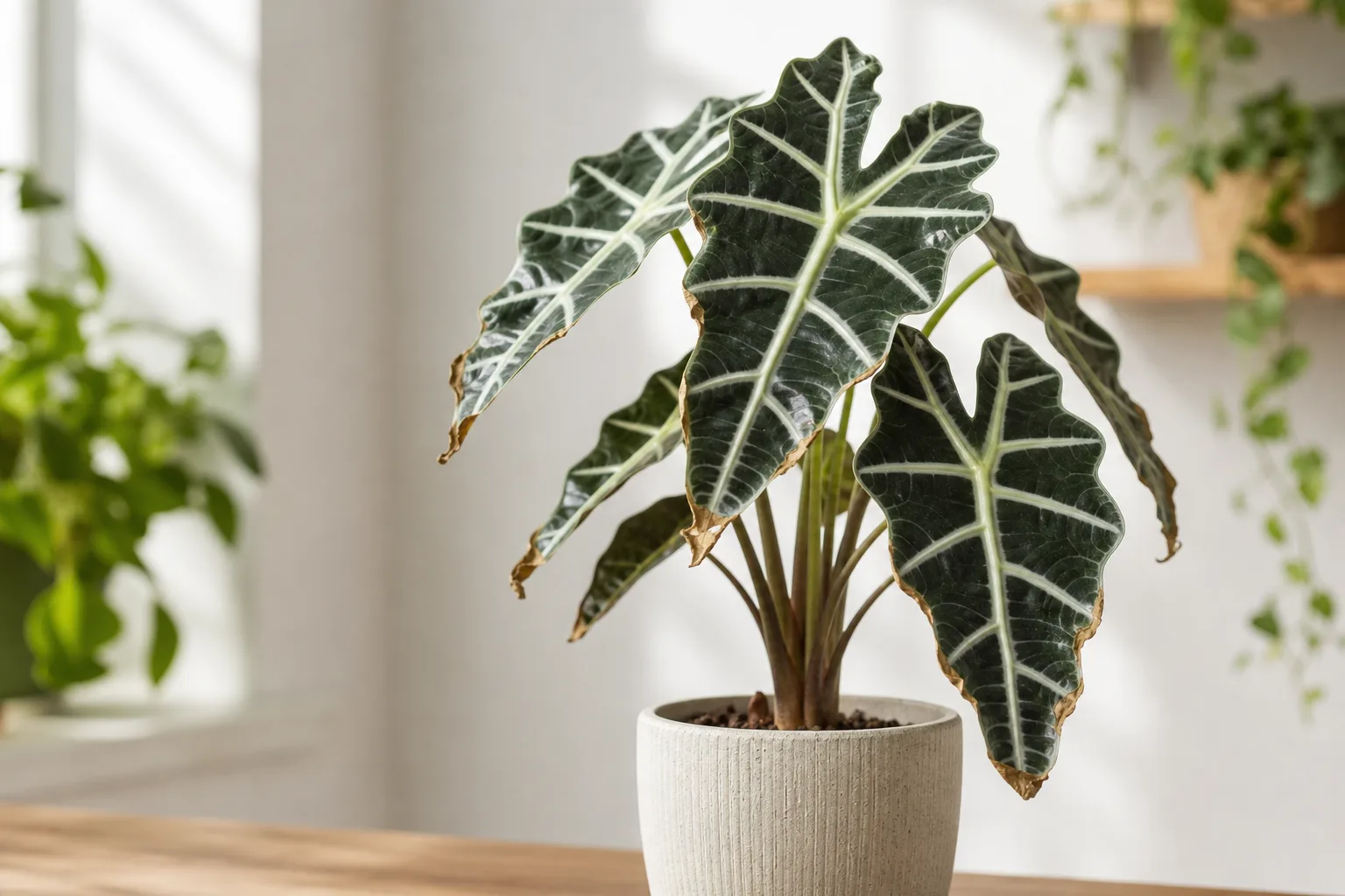 Brown tips on Alocasia Amazonica - dry tan crispy margins on glossy dark arrowhead leaves with white veins