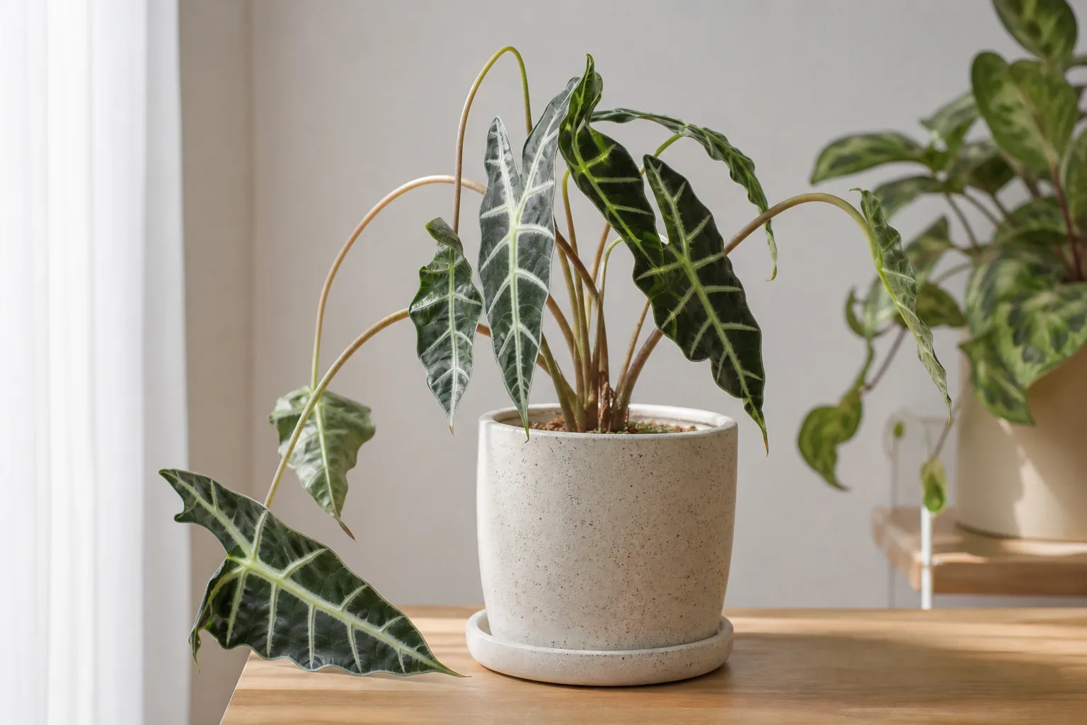 Drooping leaves on Alocasia Amazonica - arrowhead foliage hanging below normal angle on limp petioles