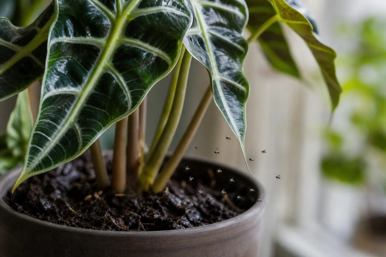 Fungus Gnats on Alocasia Amazonica - visible symptom on the plant