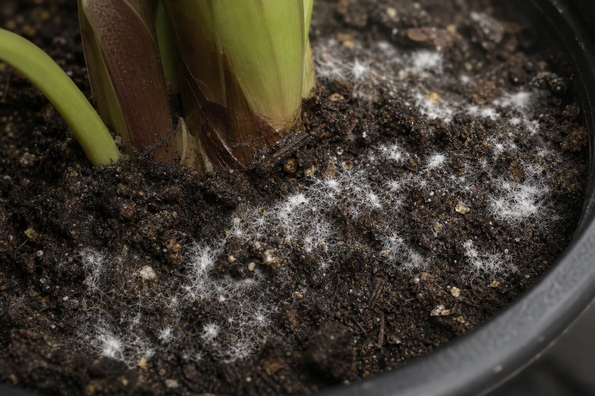 Close-up of Mold on Soil on Alocasia Amazonica - diagnostic detail
