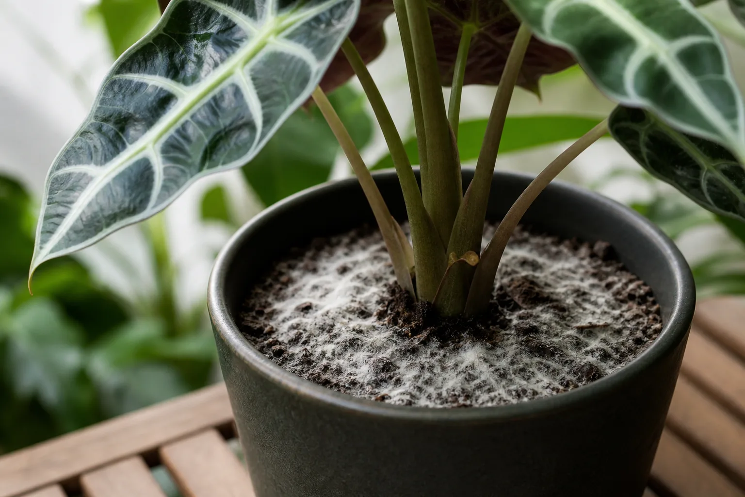 Mold on Soil on Alocasia Amazonica - visible symptom on the plant