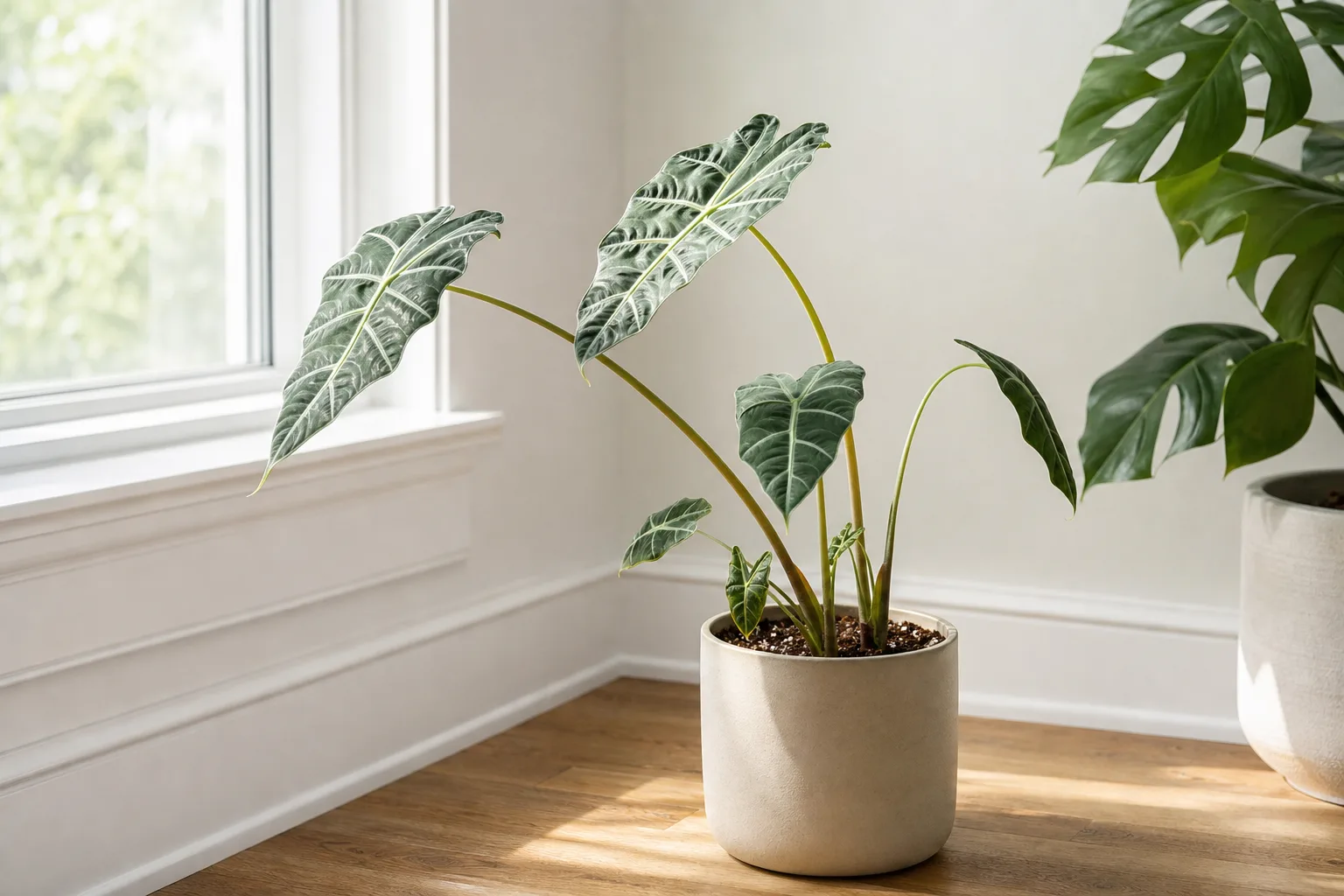 Not Enough Light on Alocasia Amazonica - visible symptom on the plant