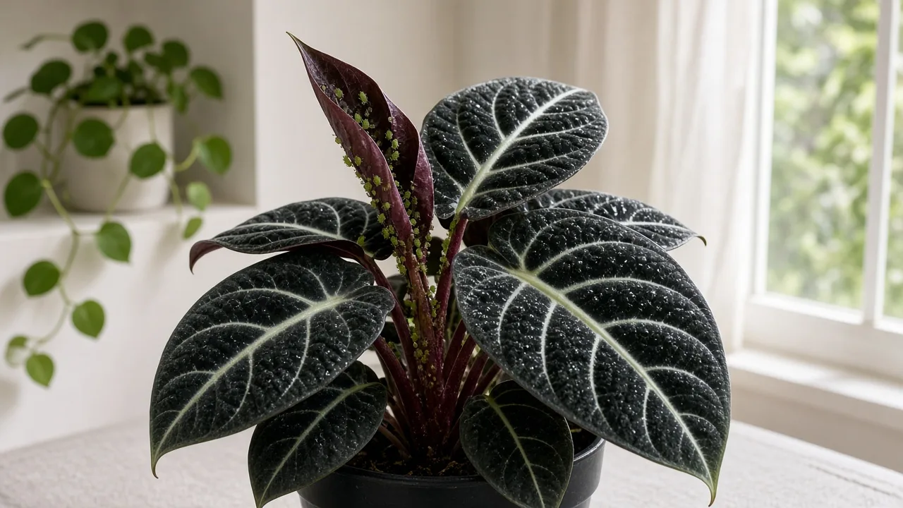Aphids on Alocasia Black Velvet - soft insect clusters on unfurling velvet spear and burgundy leaf undersides