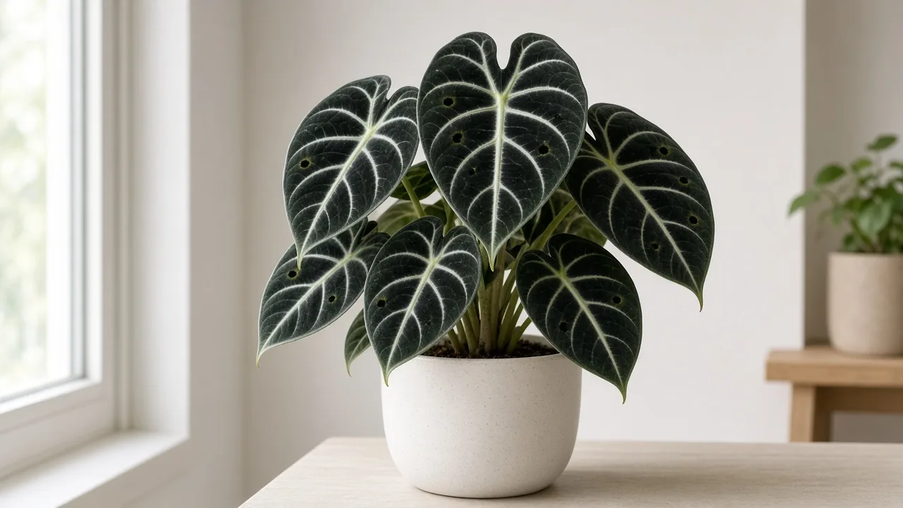Black Spots on Alocasia Black Velvet - dark lesions on matte velvet leaves with white veins