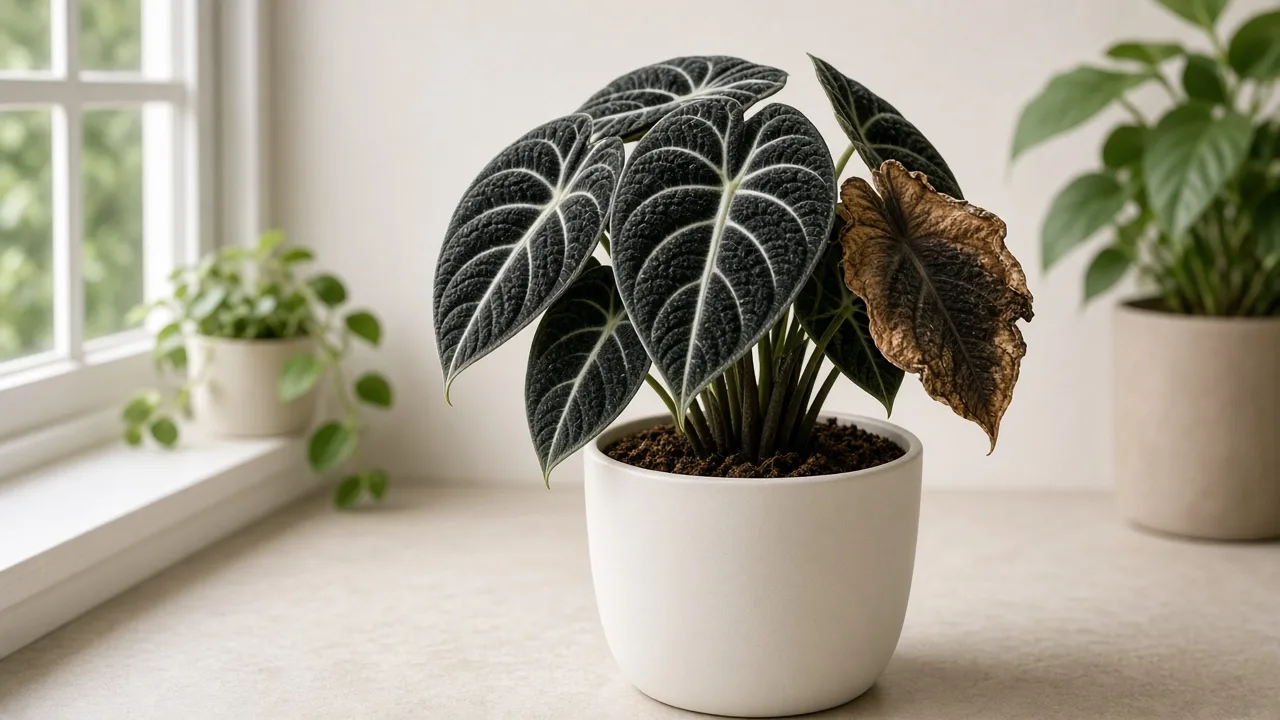 Brown Leaves on Alocasia Black Velvet - crispy brown margins on dark velvet foliage